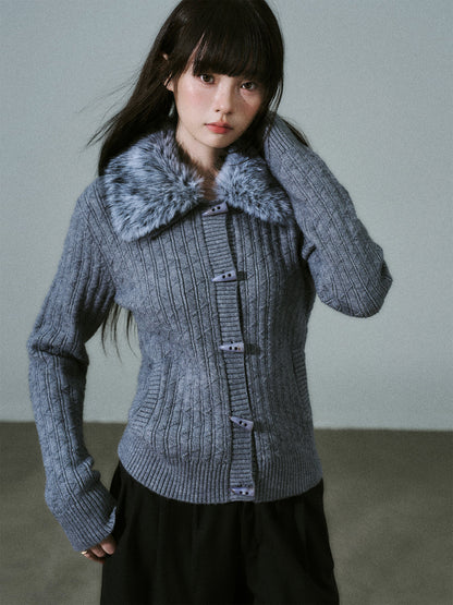 Slim Detachable Fur Collar Horn Button Sweater Jacket NA8790