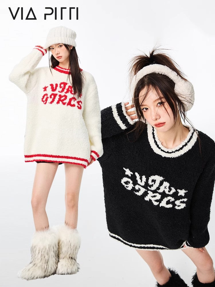 Contrast Letter Round Neck Knit Sweater NA4958