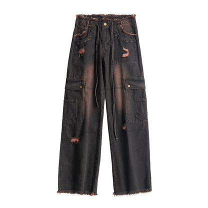 Washwd Damage Denim Jacket & Damage Wide Leg Denim Jeans Setup NA9431