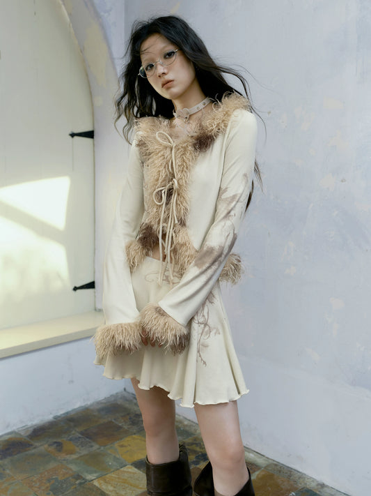 Fake Fur Neck Knit Short Cardigan & Skirt Setup NA6009