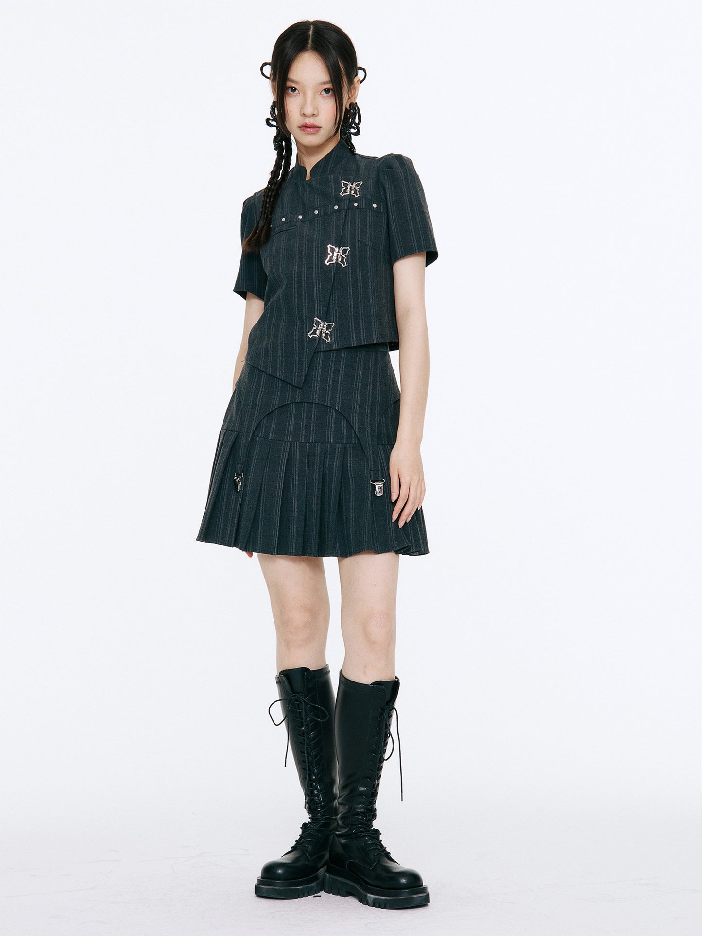 Bow Detail Pinstripe Cropped Shirt & Pleated Skirt Setup NA8838