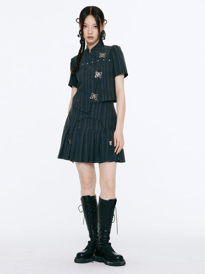 Bow Detail Pinstripe Cropped Shirt & Pleated Skirt Setup NA8838