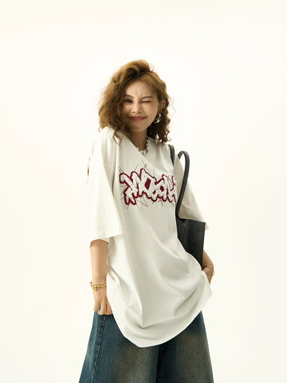 Flocking Embroidery Letter Short Sleeve T-shirt NA3147