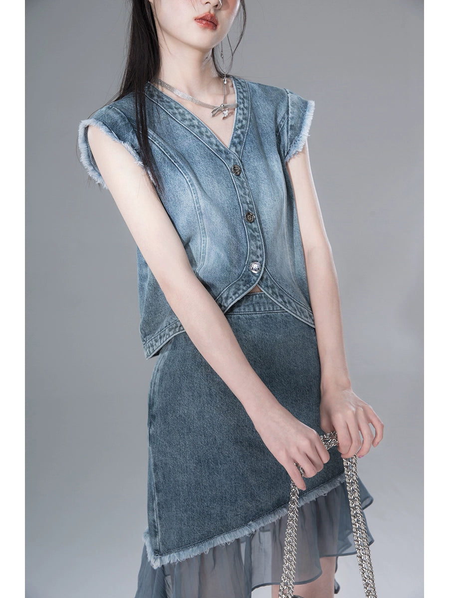 Denim Sleeveless Top & Splicing Bow Denim Skirt Setup NA5555