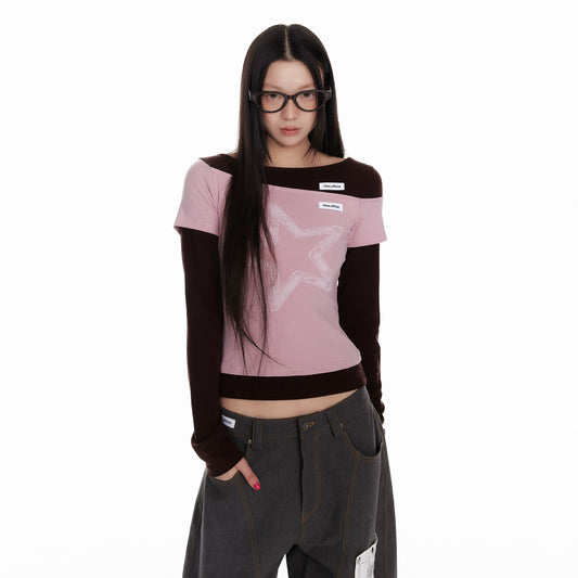 Tencel Ribbed Fake Layered Knit Long Sleeve T-Shirt NA7118