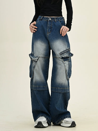 Oversize Washed Large Pocket Cargo Denim Jeans NA6282