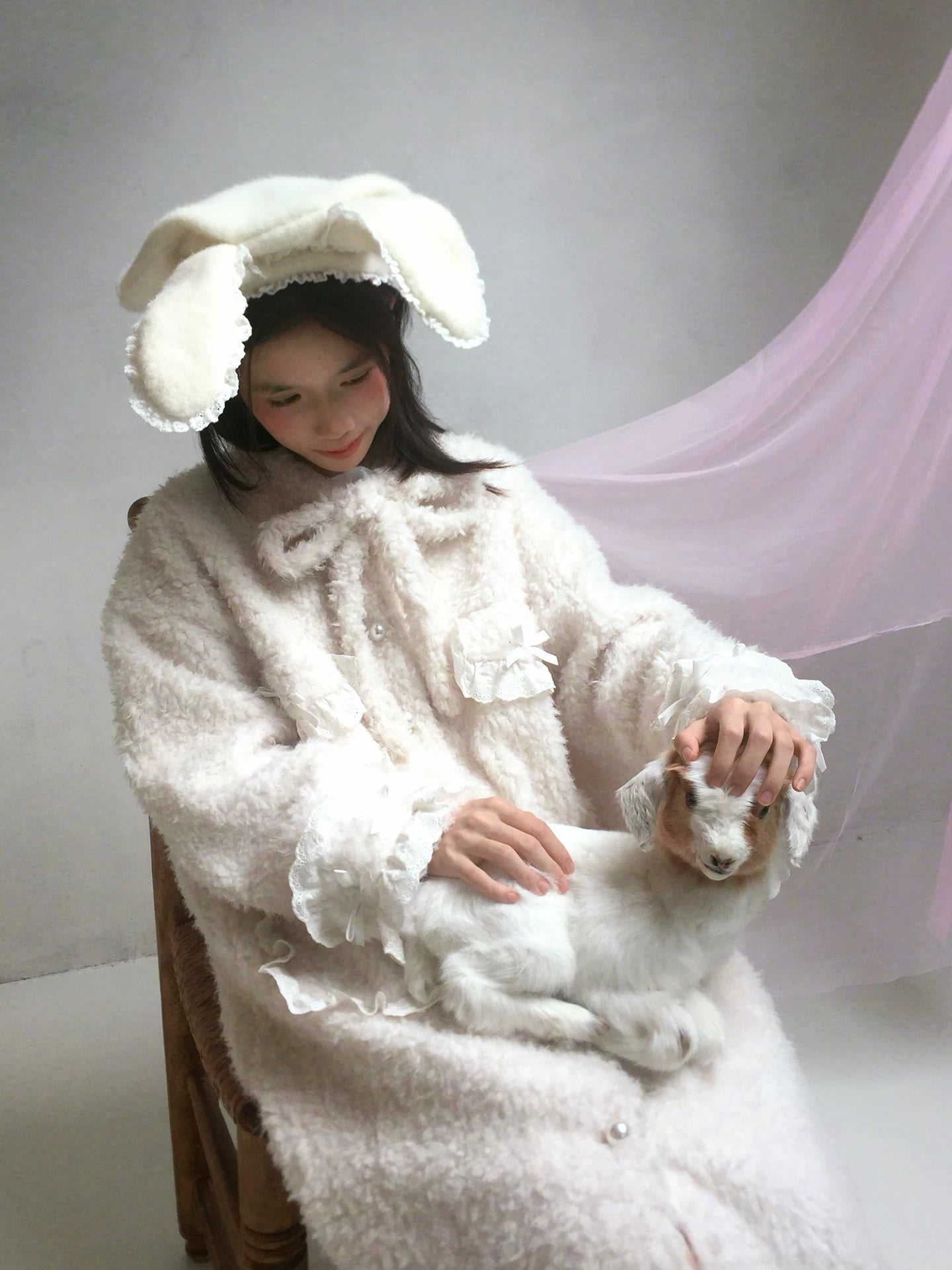 Plush Bow Ruffle Long Coat NA8279