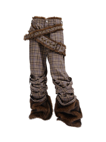 Plaid Fake Fur Patchwork Pants NA6688