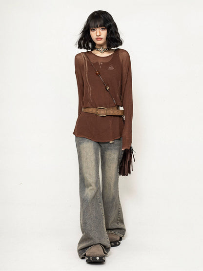 Oversize Sheer Long-Sleeve Knit Top NA2638