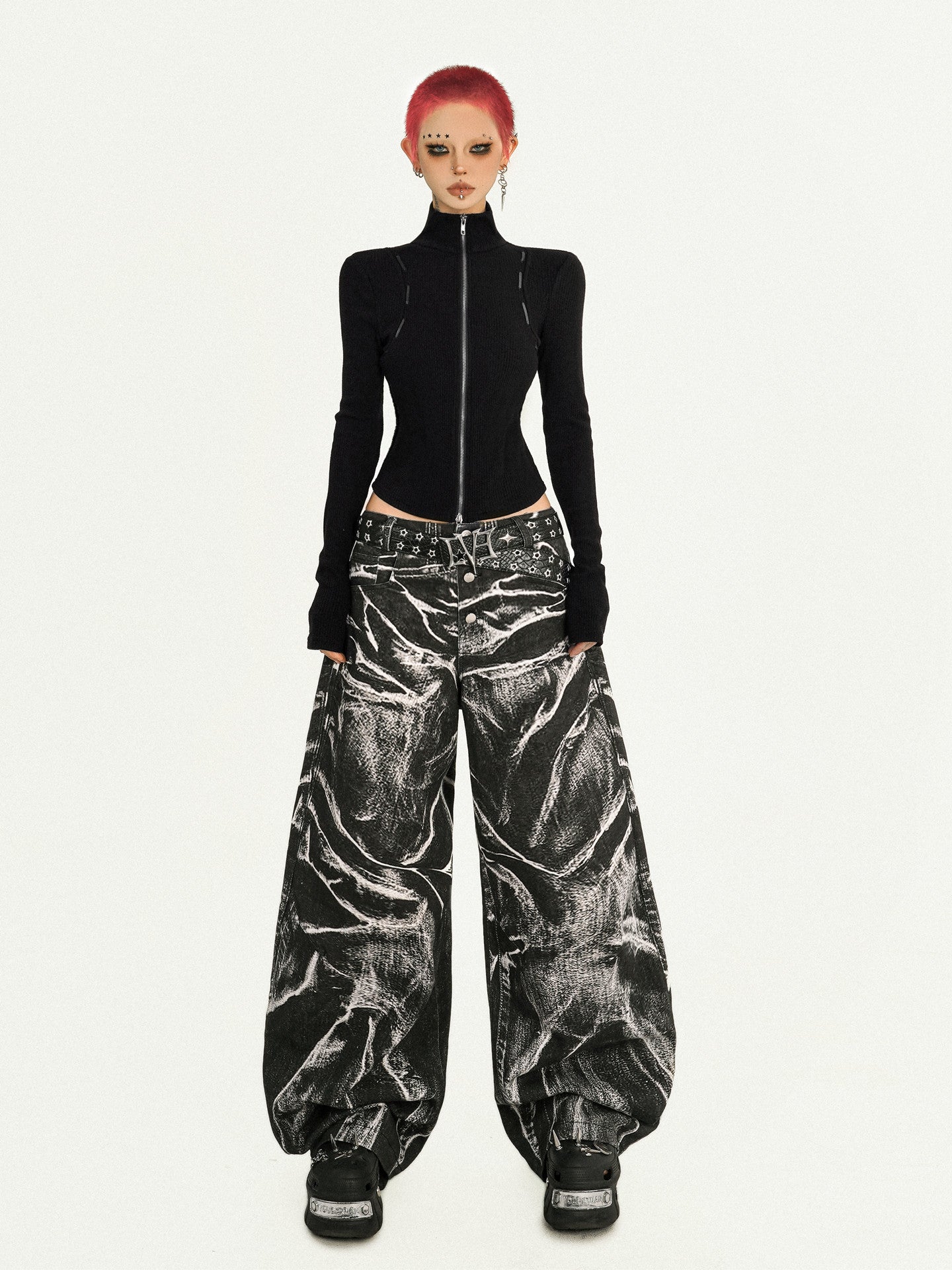 Ripple Pattern Design Wide Leg Denim Jeans NA8593