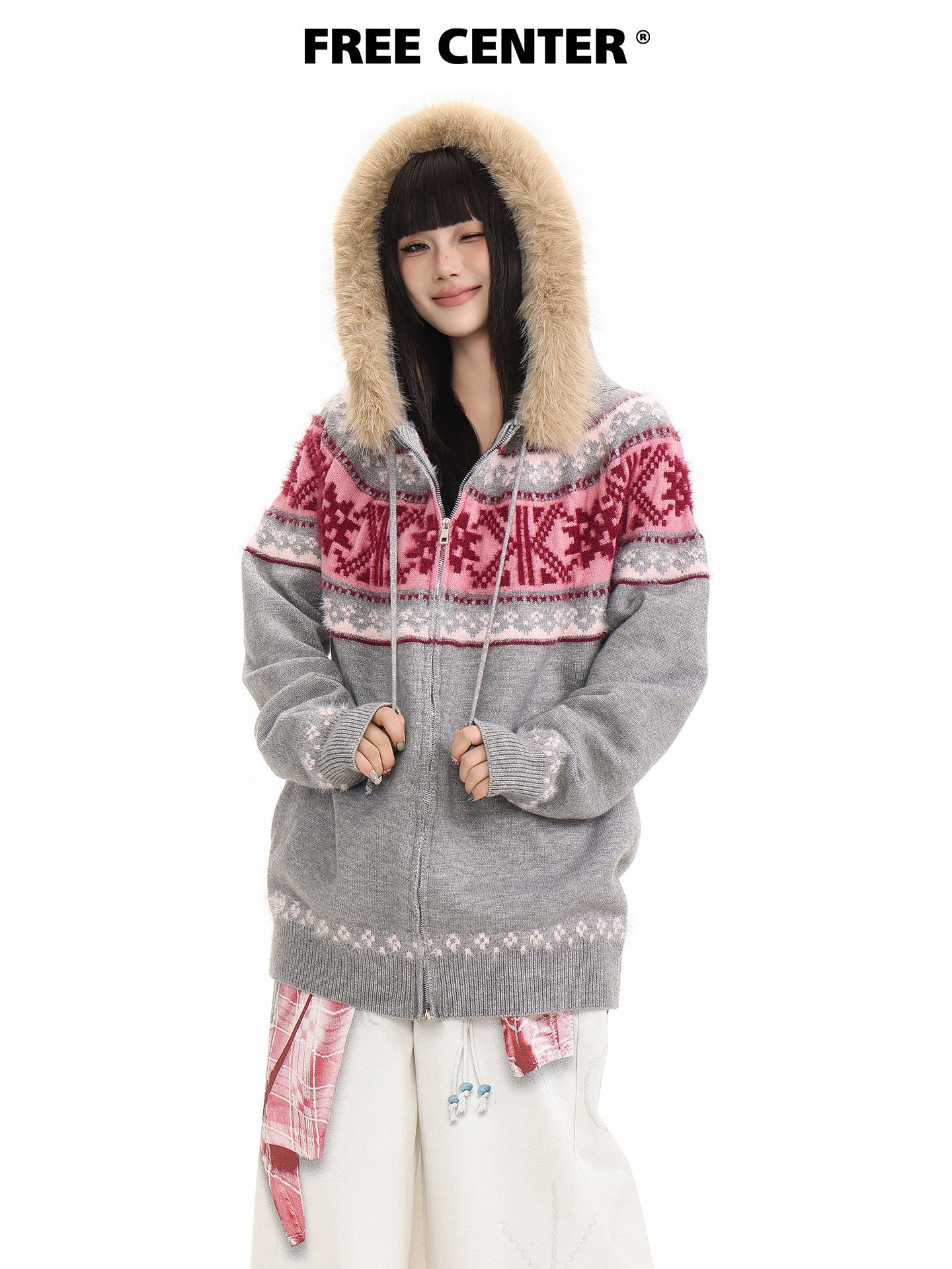 Fur Collar Fair Isle Hooded Knit Cardigan NA8868