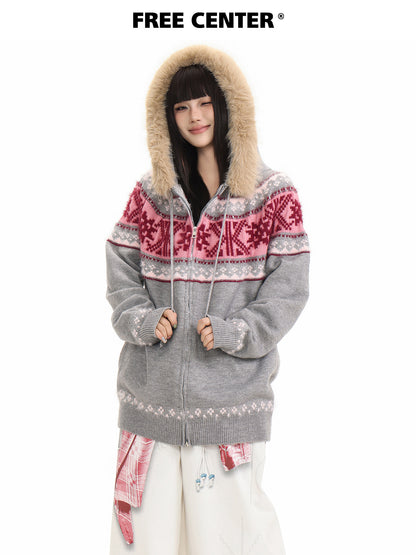 Fur Collar Fair Isle Hooded Knit Cardigan NA8868