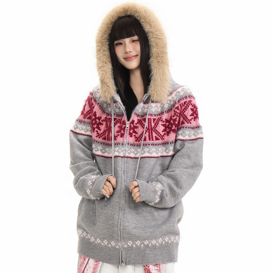 Fur Collar Fair Isle Hooded Knit Cardigan NA8868