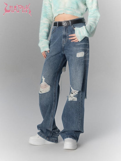 Damaged Wide-Leg Straight Denim Jeans NA4933