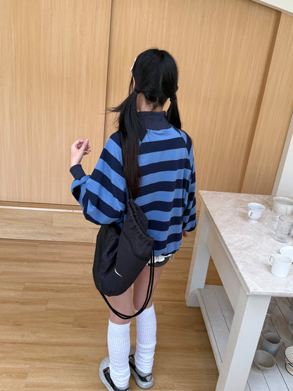 Striped Oversize Stand Collar Zipper Jacket NA9269