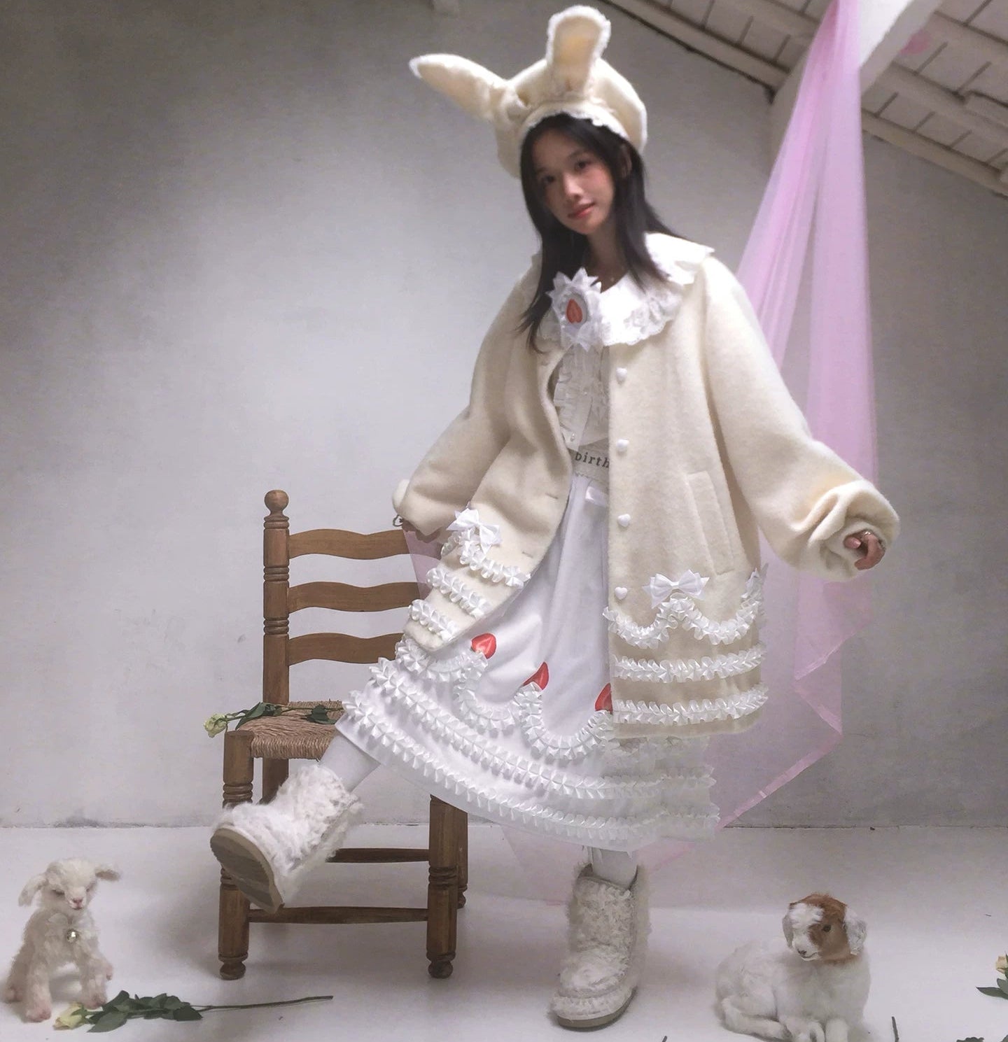 Lace Bow Puff Sleeve Wool Coat NA8270