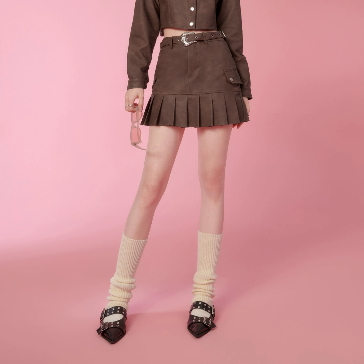 PU Leather Short Jacket & Short Pleats Skirt Setup NA6767