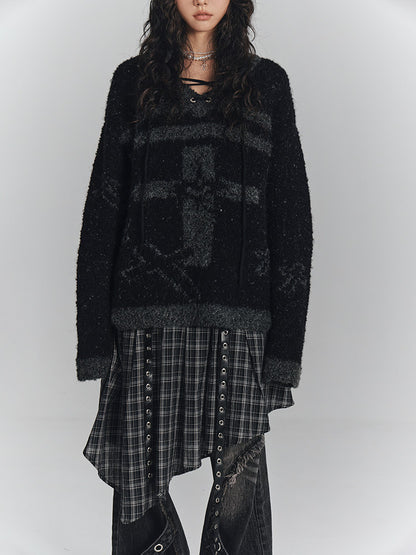 Cross Detail Drawstring Oversize V-Neck Knit Sweater NA8890