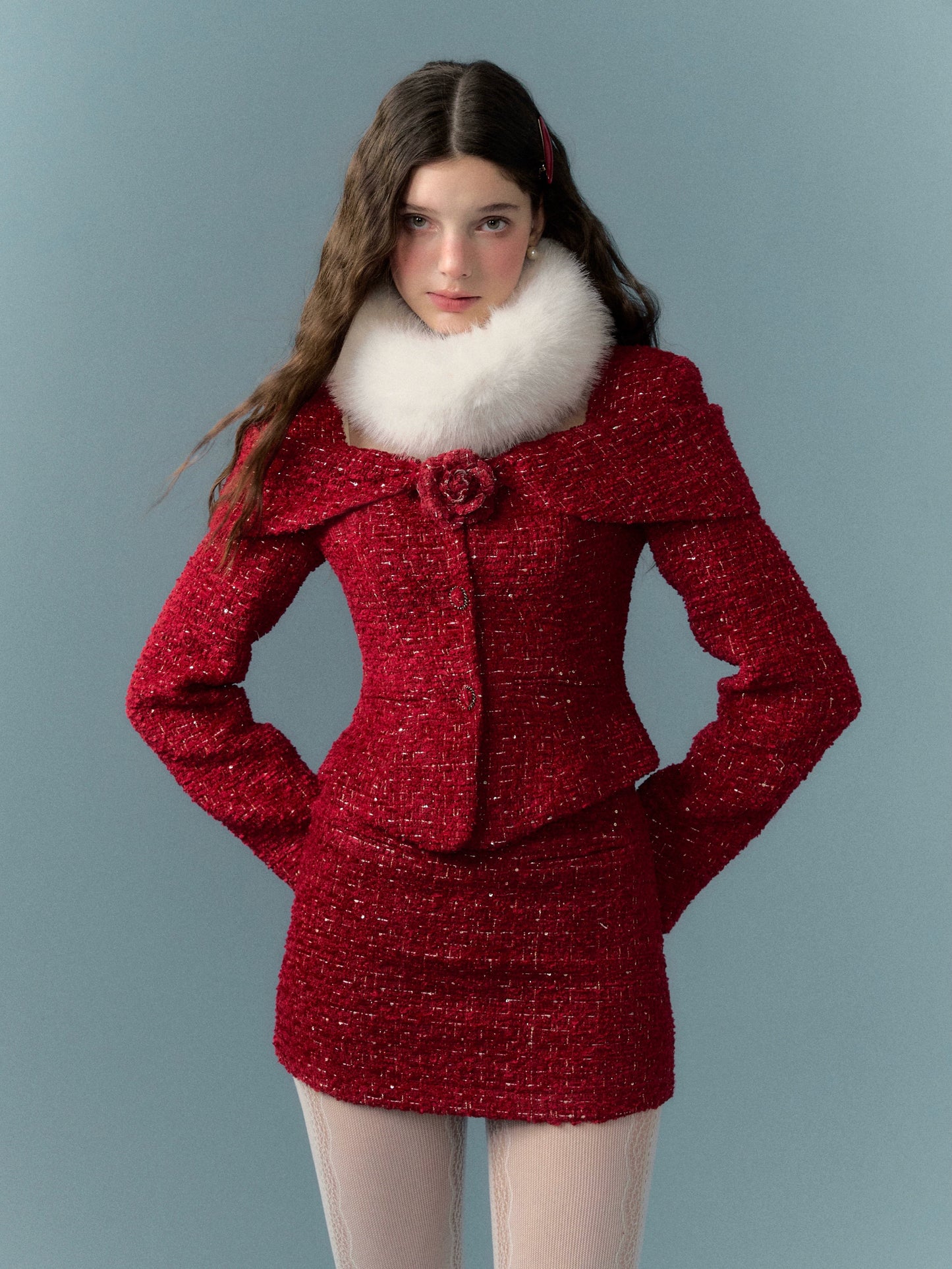 Short Coarse Woolen Jacket & Short Skirt & Fishtail Long Skirt & Fur Scarf Setup NA5808