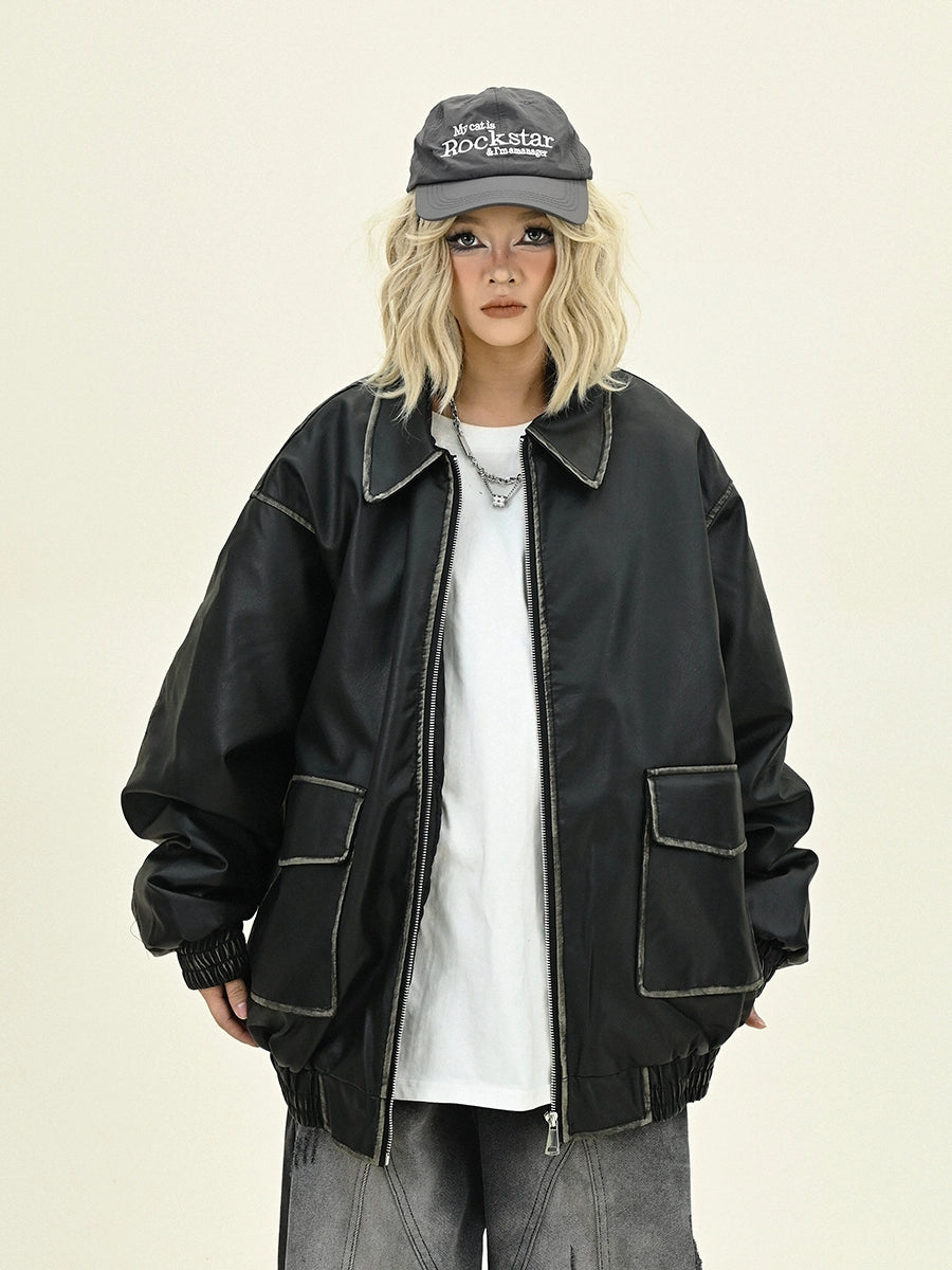 Oversize PU Leather Pocket Puffer Jacket NA6199