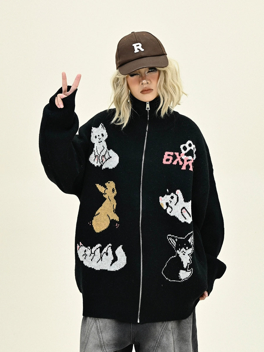 Cartoon Graphic Oversize Zipper Knit Cardigan NA6226