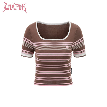 Thin Square Neck Stripe Short Sleeve T-shirt NA4697