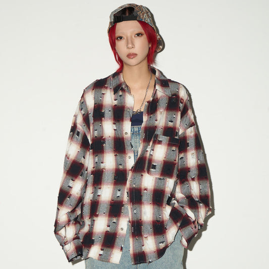 Ripped Plaid Oversize Long Sleeve Shirt NA9149