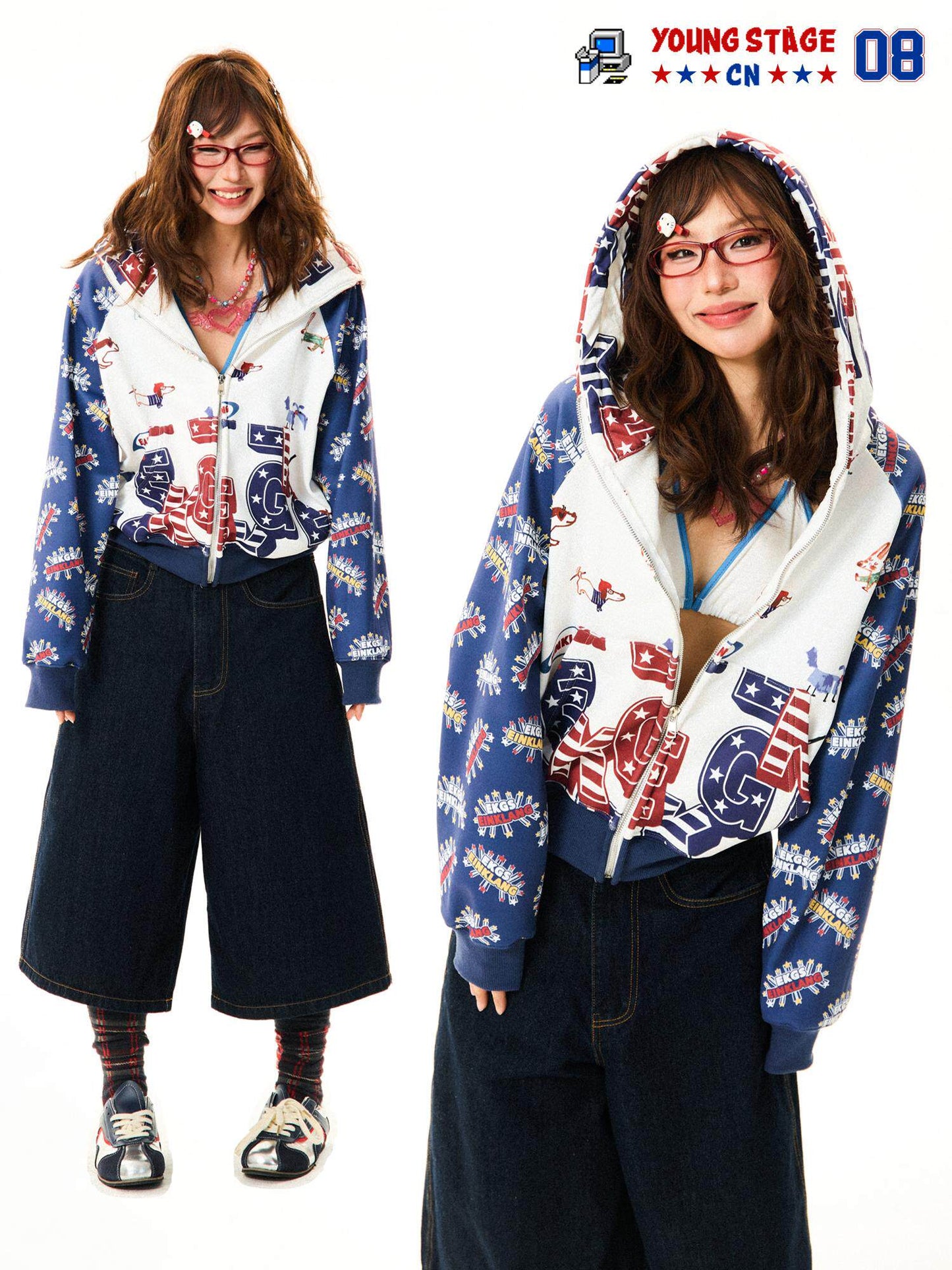 All-Over Print Cropped Zipper Hoodie NA9315