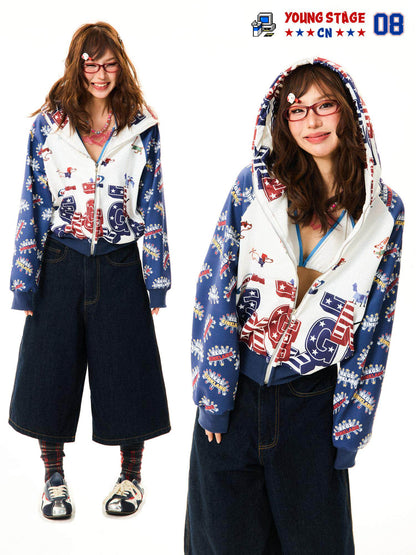 All-Over Print Cropped Zipper Hoodie NA9315