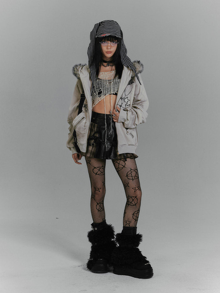 Graphic Fake Fur Hood Bunny Ear Zipper Hoodie Jacket NA8923