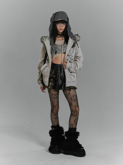 Graphic Fake Fur Hood Bunny Ear Zipper Hoodie Jacket NA8923