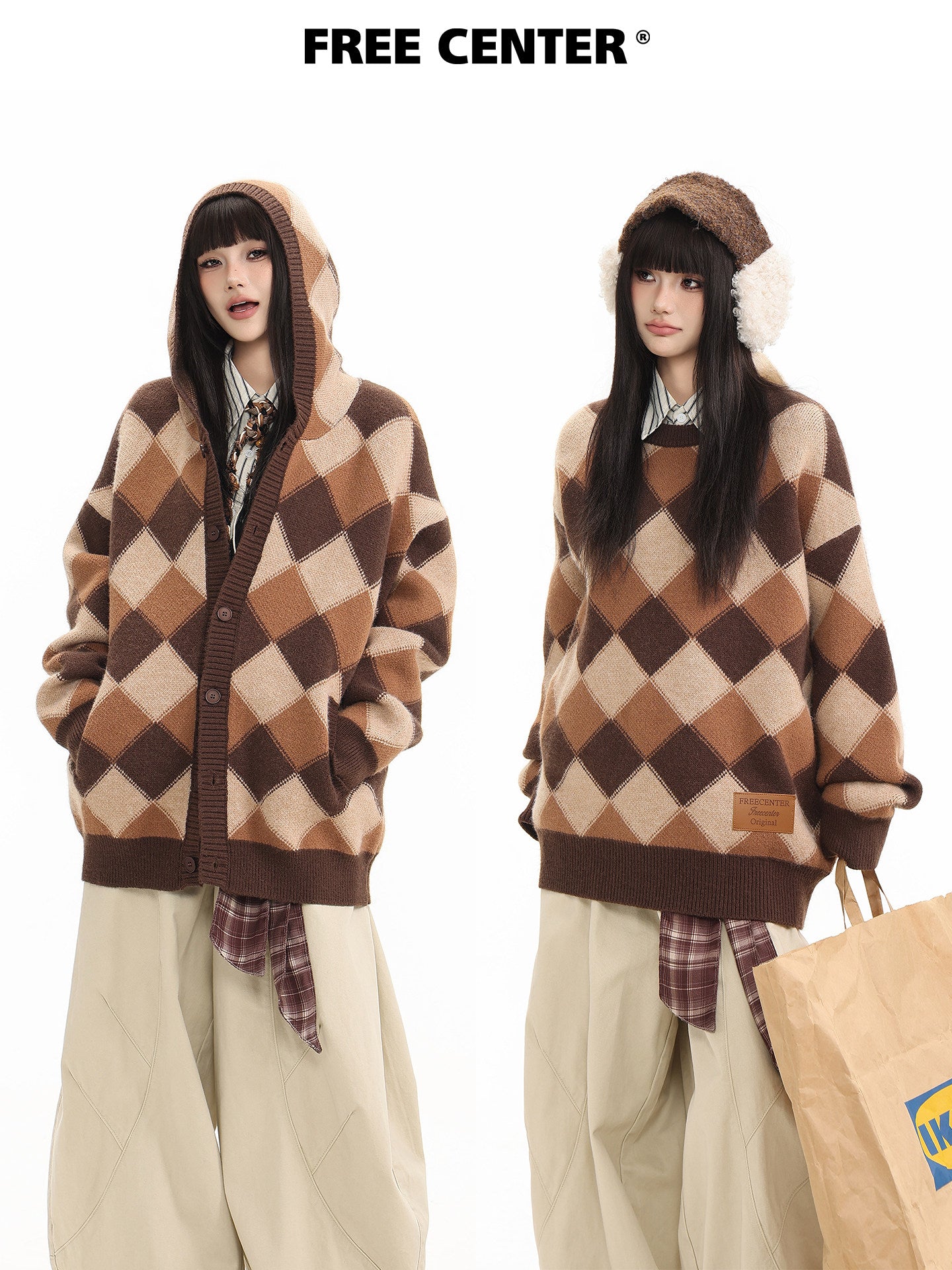 Heavyweight Diamond Pattern Oversize Hooded Knit Cardigan & Knit Sweater NA8871