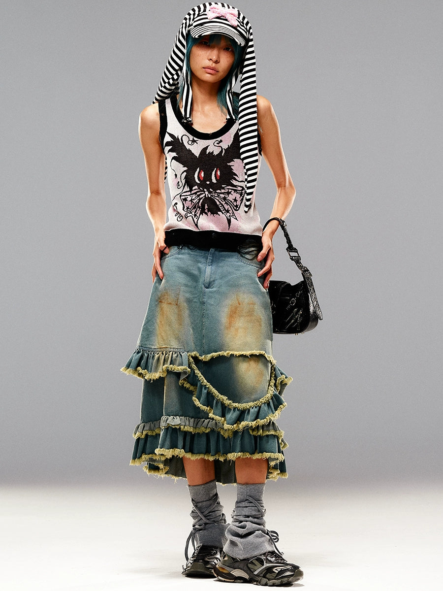 Raw Hem Ruffle Mud-Dye Denim Skirt NA6671