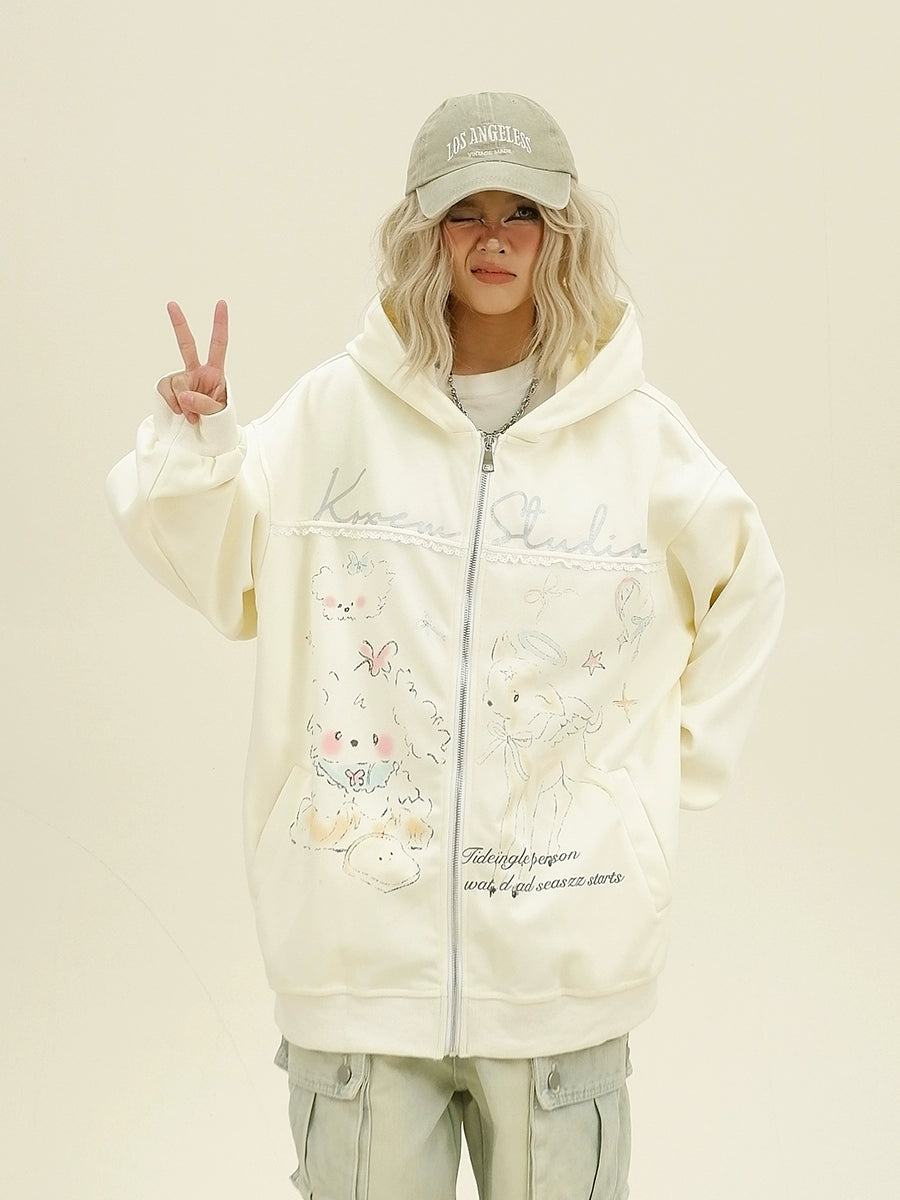 Cartoon Hand-Drawn Oversize Zipper Hoodie NA6335