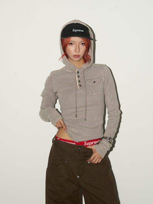 Ribbed Henley Fitted Hooded Long Sleeve T-Shirt NA9180