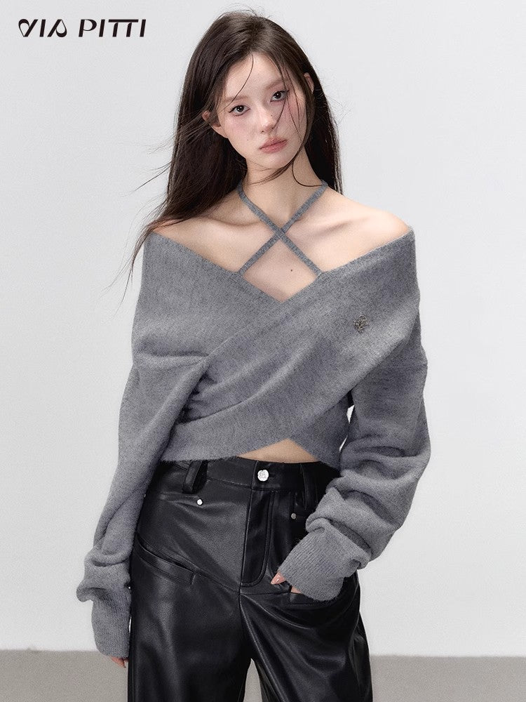 One shoulder Hanging Neck Knit Sweater NA4759