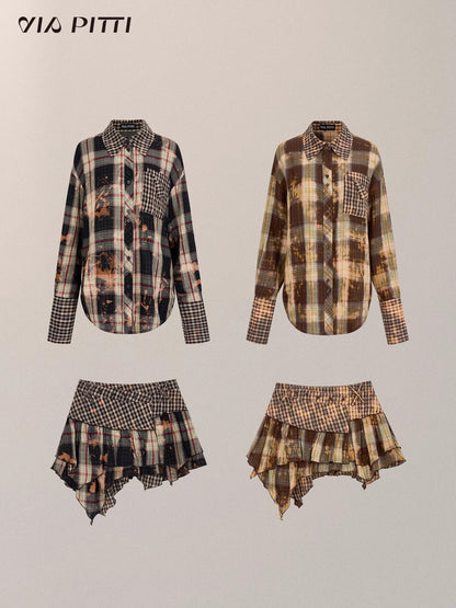 Oversize Plaid Long Sleeve Shirt & Short Skirt & Scarf Setup NA5095