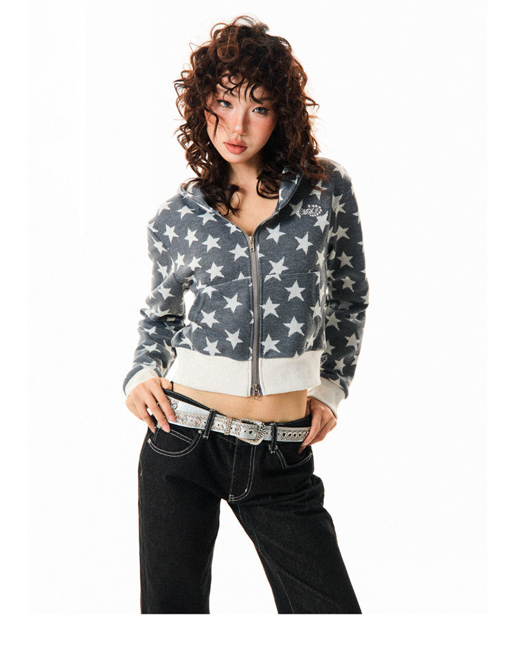 Star Print Cropped Zip-Up Hoodie NA9405