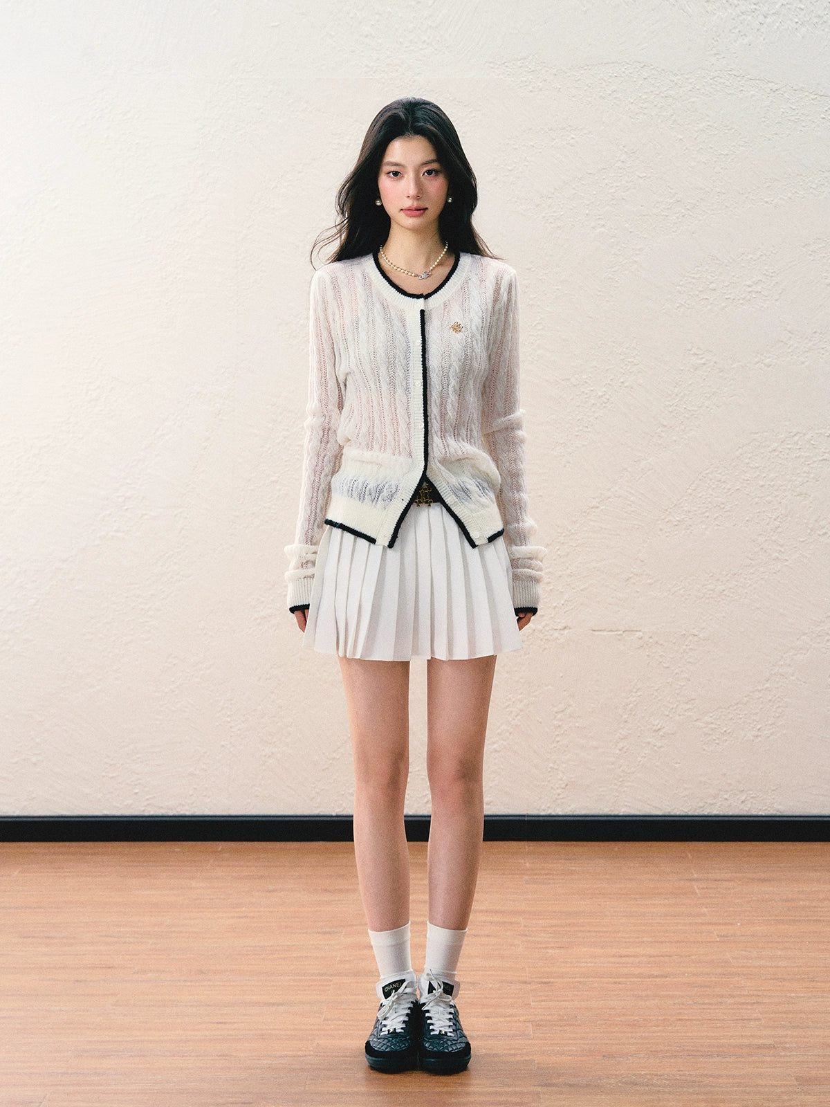 Sheer Knit Cardigan & Pleated Short Skirt NA5797