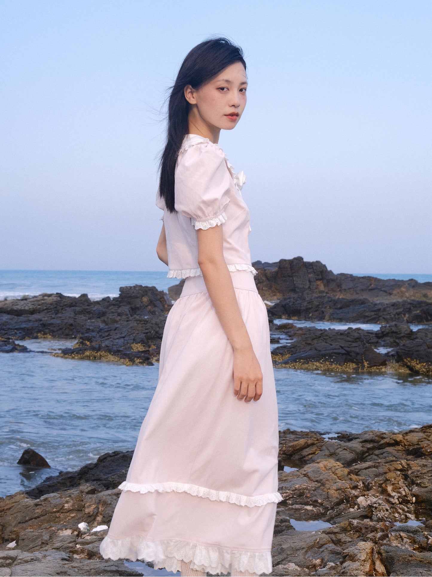 Lace Details Bow Blouse & Lace Trim Skirt Setup NA8851