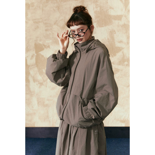 Oversize Hooded Jacket &amp; Wide Pleats Skirt Setup NA2500