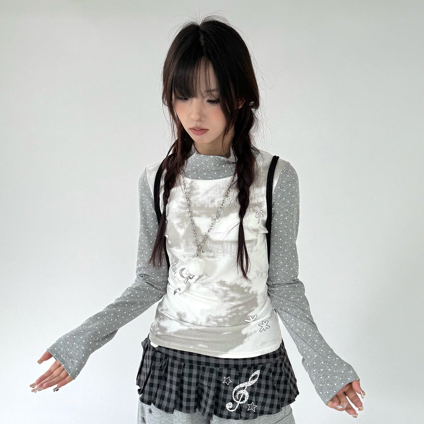 Polka Dot Print High-Neck Long Sleeve T-Shirt NA9249