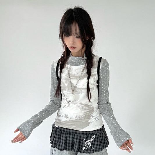 Polka Dot Print High-Neck Long Sleeve T-Shirt NA9249