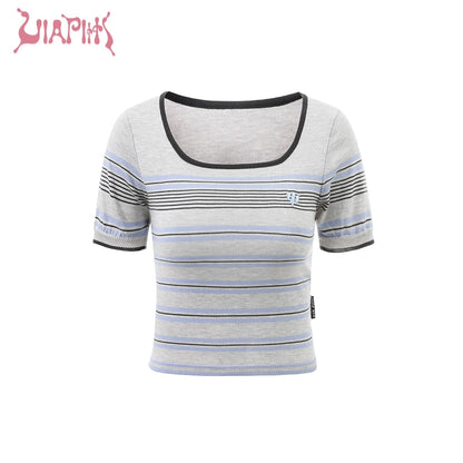 Thin Square Neck Stripe Short Sleeve T-shirt NA4697