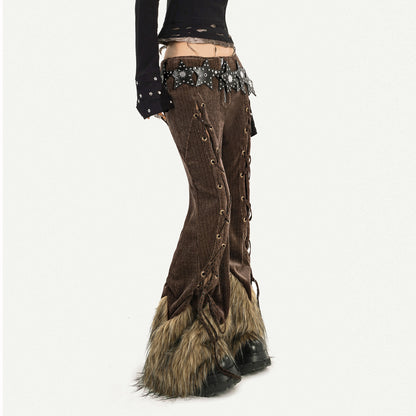 Corduroy Patchwork Fake Fur Lace-Up Slimming Pants NA8621