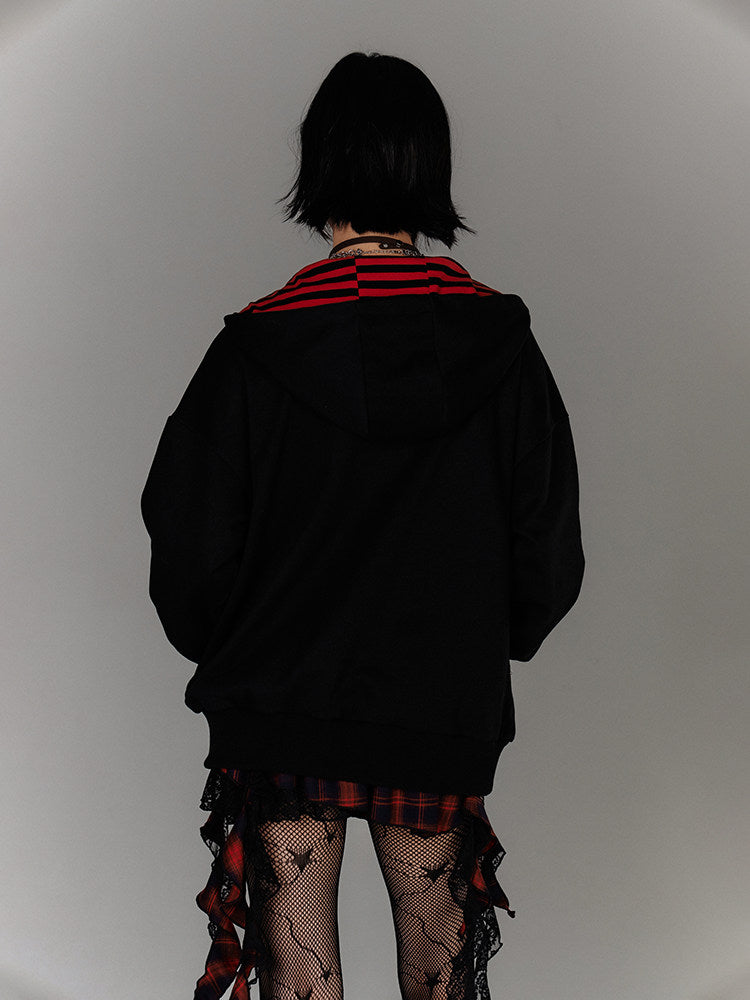 Fake Layered Zipper Stripe Oversize Pullover Hoodie NA8920