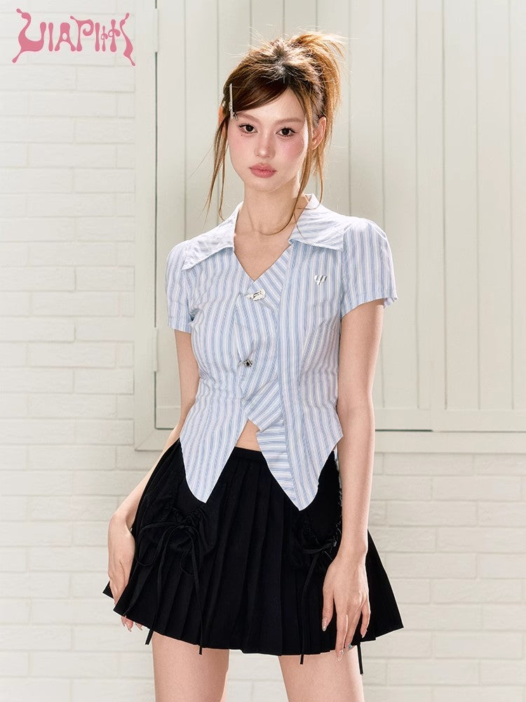 Pleated Slim Fit Striped Short Sleeve Shirt NA4790