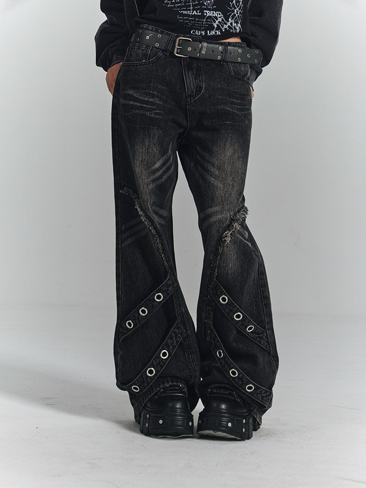 Washed Frayed Wide-Leg Straight Denim Jeans NA8903