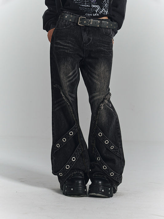 Washed Frayed Wide-Leg Straight Denim Jeans NA8903