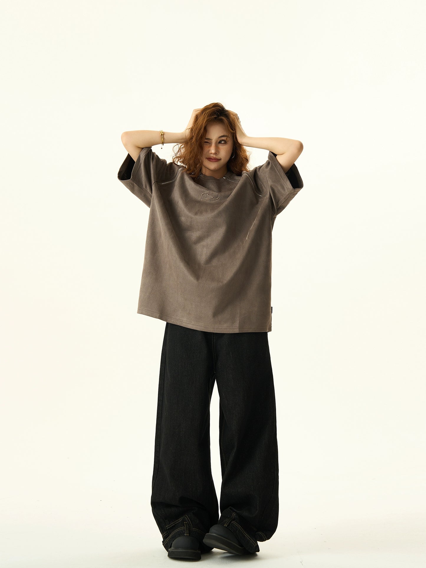 Double Zipper Design Oversize Suede Short Sleeve T-shirt NA3065